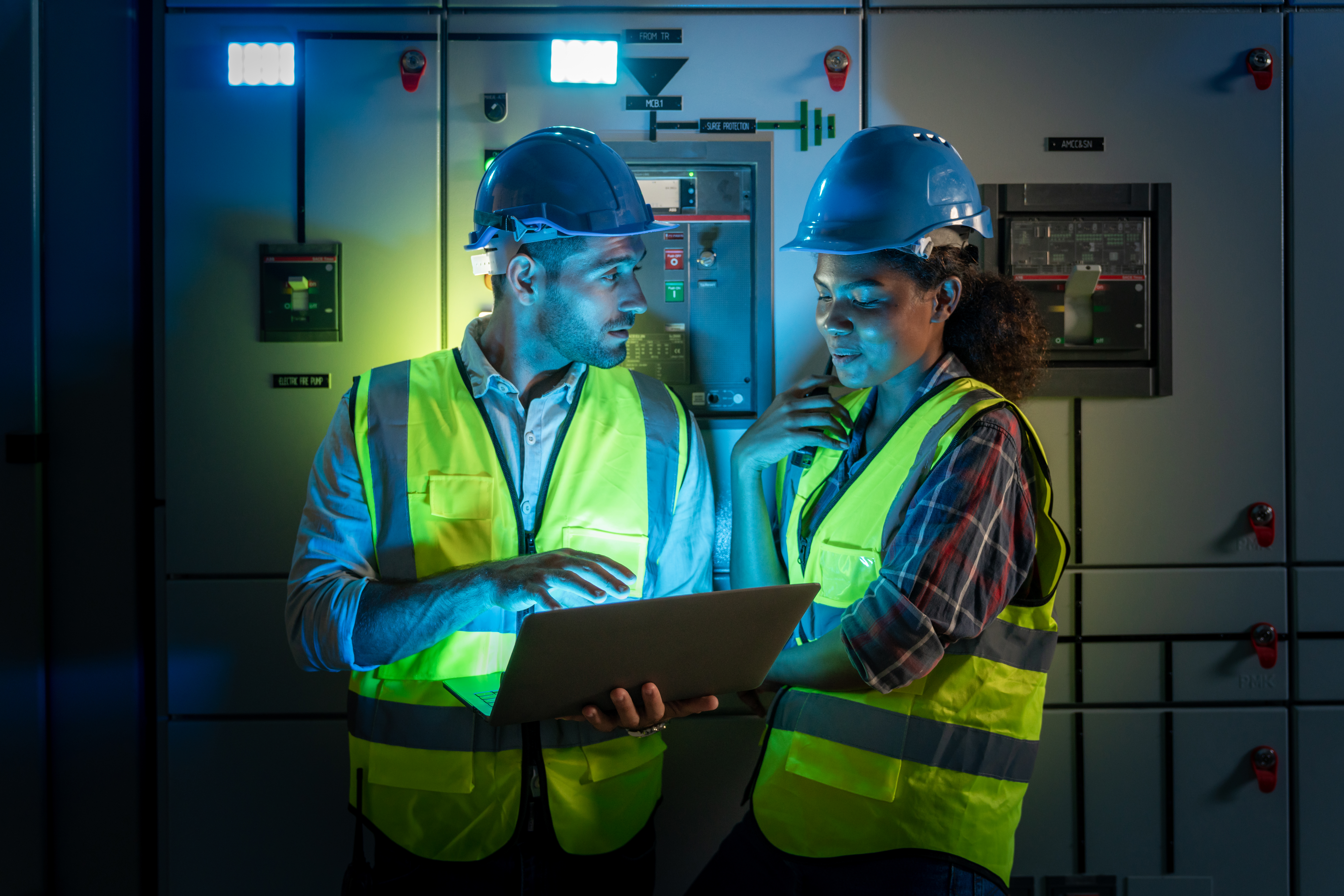 Electrical engineer use laptop to inspection and testing of electrical system in control room. Electrician and technician working night shifts at distribution board. Multi-Ethnic Blue-collar worker.